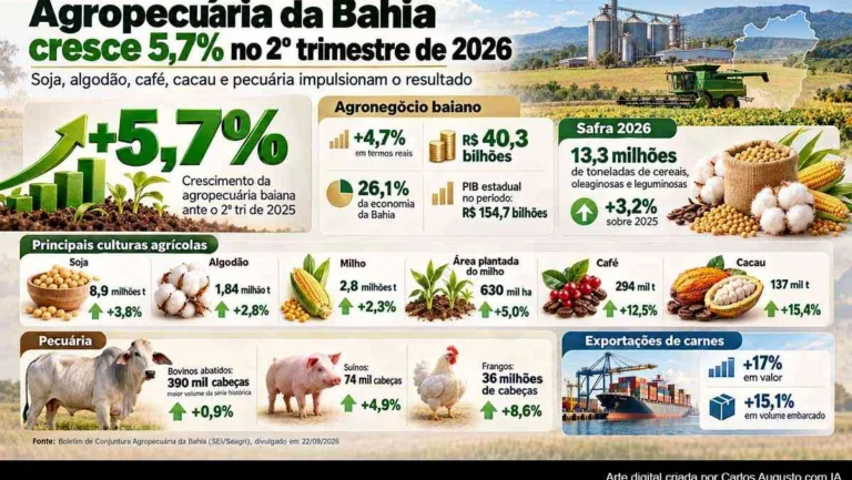 Agropecuária da Bahia avança 5,7% no 2º trimestre com safra recorde e exportações em alta