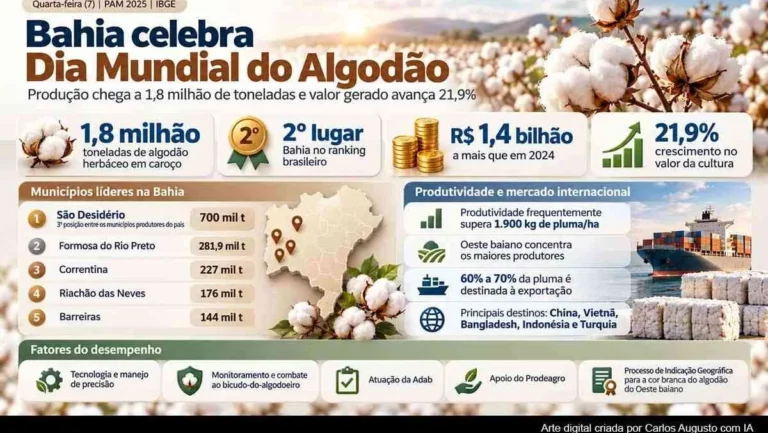 Bahia consolida liderança na produção de algodão com 1,83 milhão de toneladas e R$ 7,85 bilhões