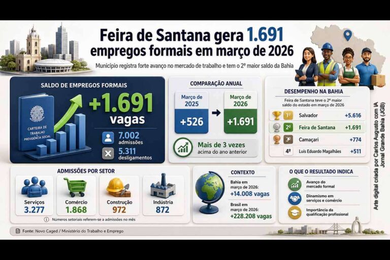 Feira de Santana Gera 1.691 Empregos Formais em Março de 2026 e Se Destaca na Bahia