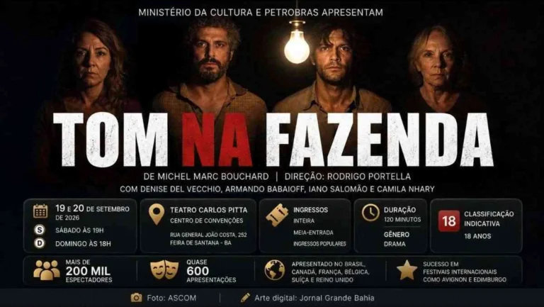 Espetáculo 'Tom na Fazenda' marca presença em Feira de Santana com sessões no Teatro Carlos Pitta