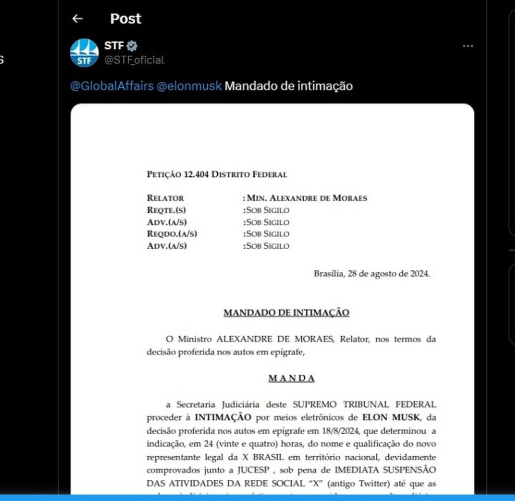 Moraes exige que Musk indique novo representante do X no Brasil em 24 horas ou enfrenta suspensão da rede social
