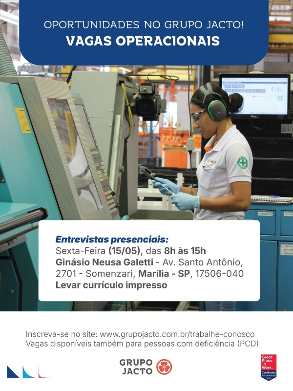 17º Mutirão de Emprego em Marília: 60 Vagas Disponíveis com o Grupo Jacto 17º Mutirão de Emprego em Marília: 60 Vagas Disponíveis com o Grupo Jacto