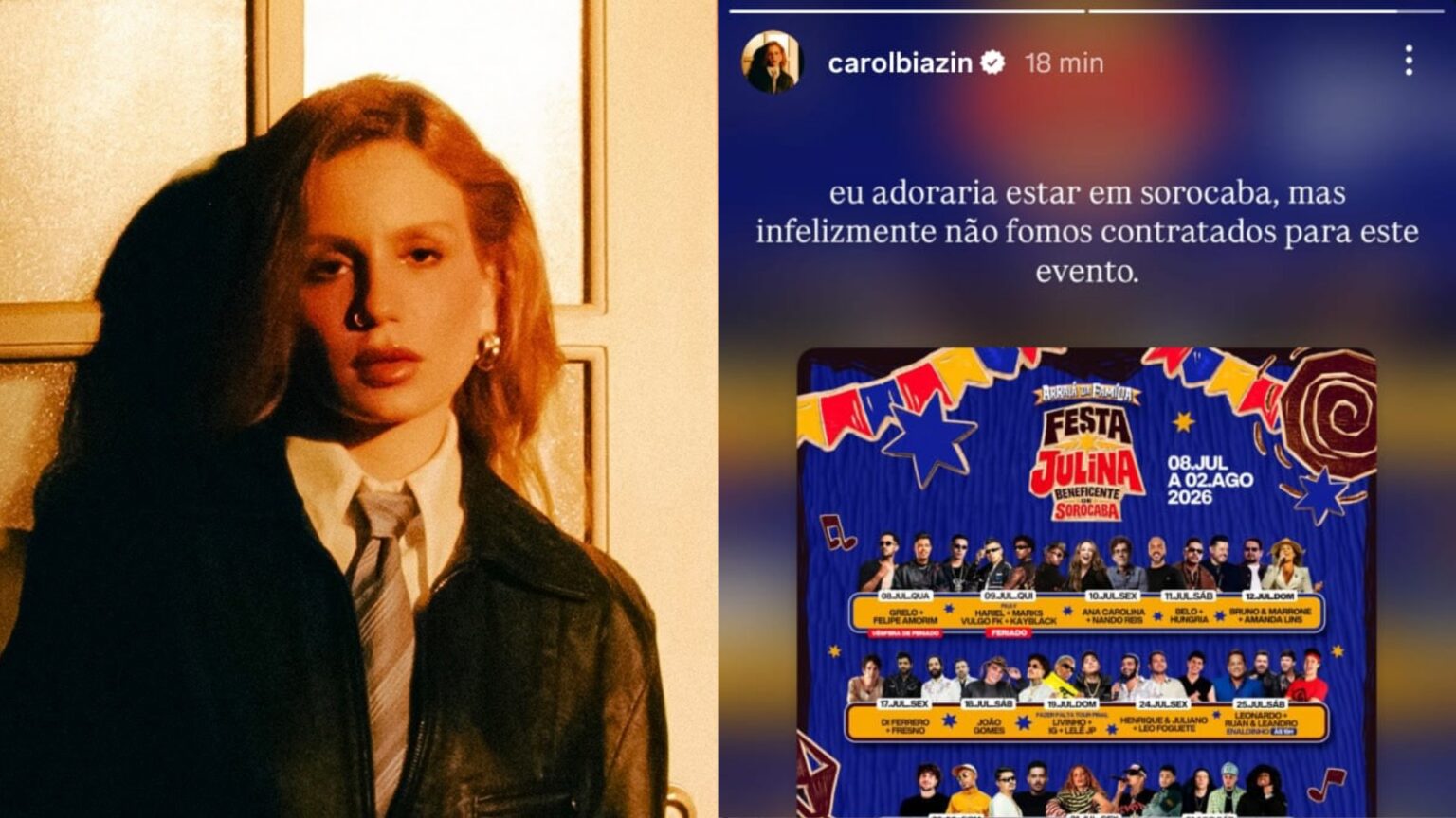 Festa Julina de Sorocaba: Carol Biazin desmente participação e gera confusão Festa Julina de Sorocaba: Carol Biazin desmente participação e gera confusão