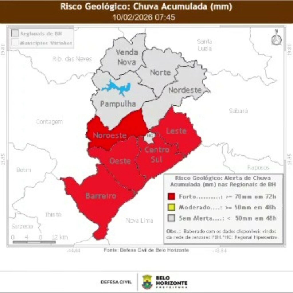 Defesa Civil de BH emite alerta de risco geológico forte em 5 regiões da cidade Defesa Civil de BH emite alerta de risco geológico forte em 5 regiões da cidade