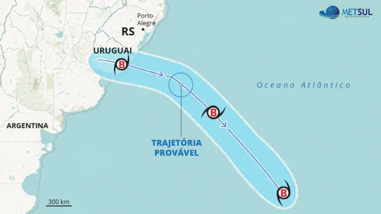Rota do ciclone e cidades sob risco de vendavais fortes, aponta MetSul Meteorologia