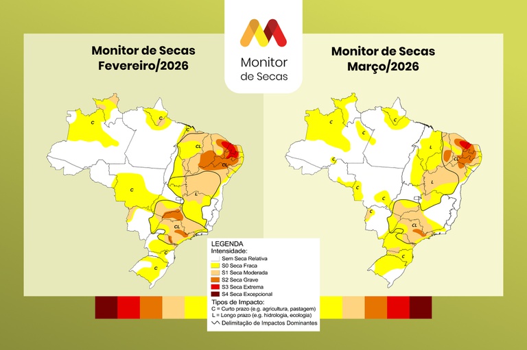 Monitor de Secas: A situação das regiões brasileiras em março de 2026 Monitor de Secas: A situação das regiões brasileiras em março de 2026