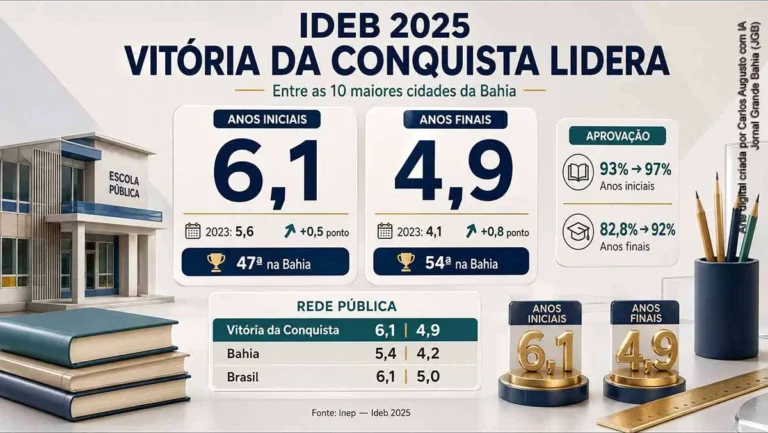 Ideb 2025: Vitória da Conquista lidera entre as maiores cidades da Bahia com avanços no ensino funda