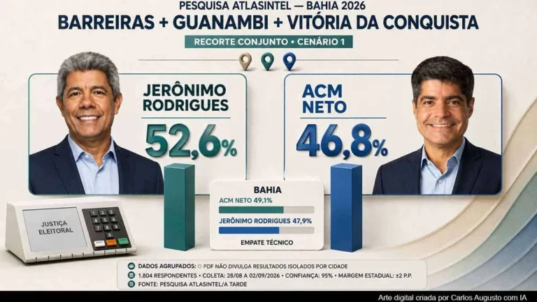 AtlasIntel: Jerônimo lidera com 52,6% em Barreiras, Guanambi e Vitória da Conquista; Bahia registra